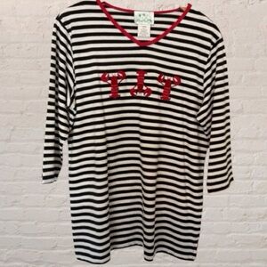 The Quacker Factory vintage, iconic lobster trio tunic top Black White stripe L